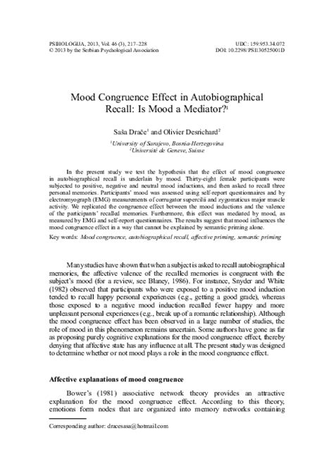 (PDF) Mood congruence effect in autobiographical recall: Is mood a ...