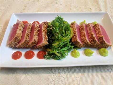 [homemade] Sesame crusted Seared Ahi Tuna With Seaweed Salad #recipes #food #cooking #delicious ...