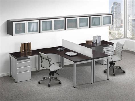 Contemporary 2 Person T Shape Desk with Glass Accent Storage Cabinets ...