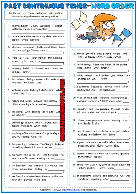 Past Continuous Tense Exercise For Class 4