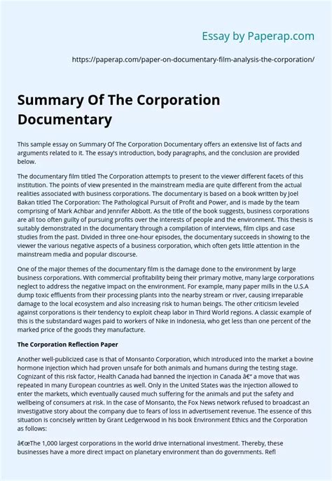 Summary Of The Corporation Documentary Essay Example