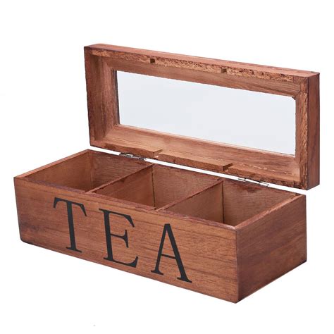 Tea Bag Stores Wooden Tea Box 3 Compartments Hinged Glass Lid Tea ...