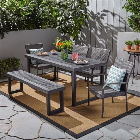 Zoe Outdoor 6 Piece Acacia Wood Dining Set with Bench and Wicker ...