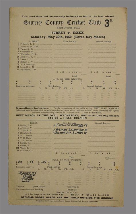 Scorecard, Surrey County Cricket Club v Essex - 1950 - Australian Sports Museum