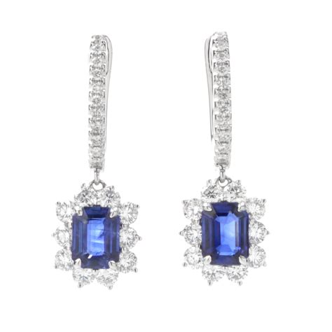 Emerald Cut Ceylon Blue Sapphire and Diamond Halo Dangle Earrings | New York Jewelers Chicago