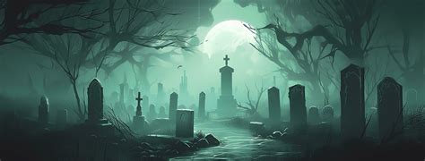 a halloween cemetery and graveyard with a full moon, in the style of ...