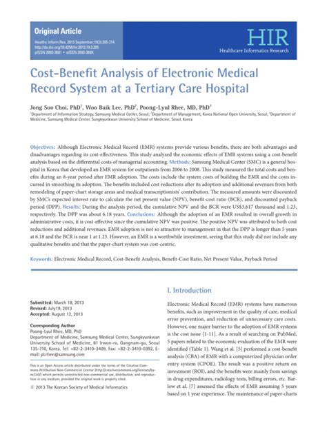 Printable Pdf Costbenefit Analysis Of Electronic Medical Record Hospital Cost Analysis Template ...