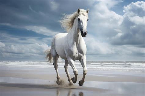 Premium Photo | White horse running on the beach