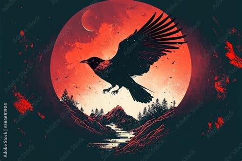 4K Crow Wallpaper with red moon background Stock Illustration | Adobe Stock