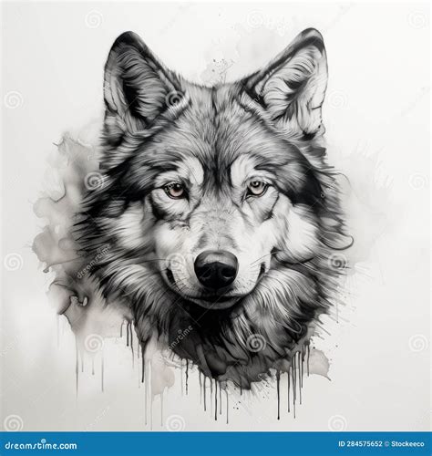 Realistic Wolf Portrait Tattoo Drawing on White Background Stock ...