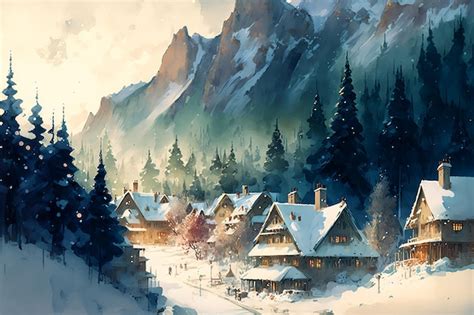 Premium AI Image | A painting of a snowy village with a snowy mountain ...