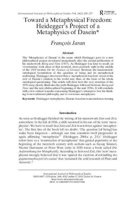 (PDF) Toward a Metaphysical Freedom: Heidegger's Project of a Metaphysics of Dasein | François ...