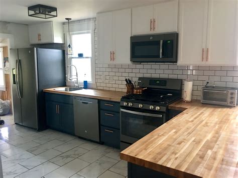 Hale navy and Snow White cabinets with butcher block countertop, white porcelain tile | Kitchen ...