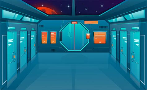 Spaceship Corridor With Closed Doors Vector Cartoon Background ...