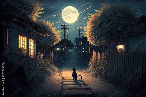 night, anime, street, moon, landscape, art illustration Stock ...