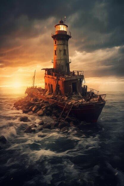 Premium Photo | A lighthouse on a stormy ocean with a cloudy sky.