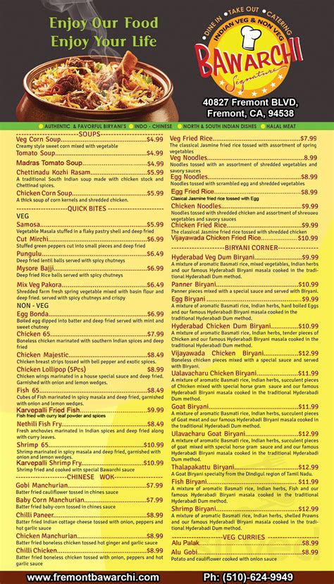 Bawarchi Indian Cuisine menu in Fremont, California, USA