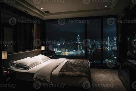 Luxury hotel room at night with a metropolis behind the window created ...