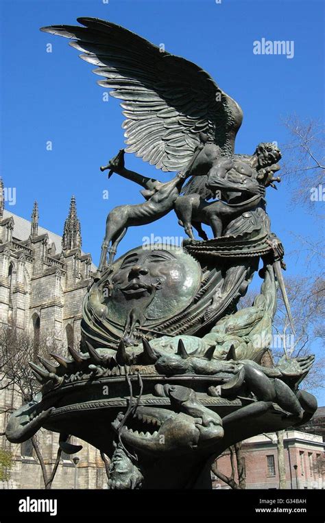 New York City: The whimsical Peace Fountain sculpture in the gardens of the Cathedral Church of ...