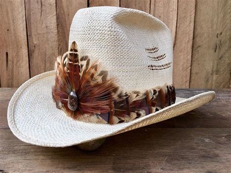 Urban Cowboy feather hat band on leather with Wild Turkey feathers and Pheasant feathers in ...