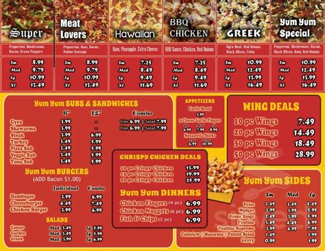 Yum Yum Pizza menu in Windsor, Ontario, Canada