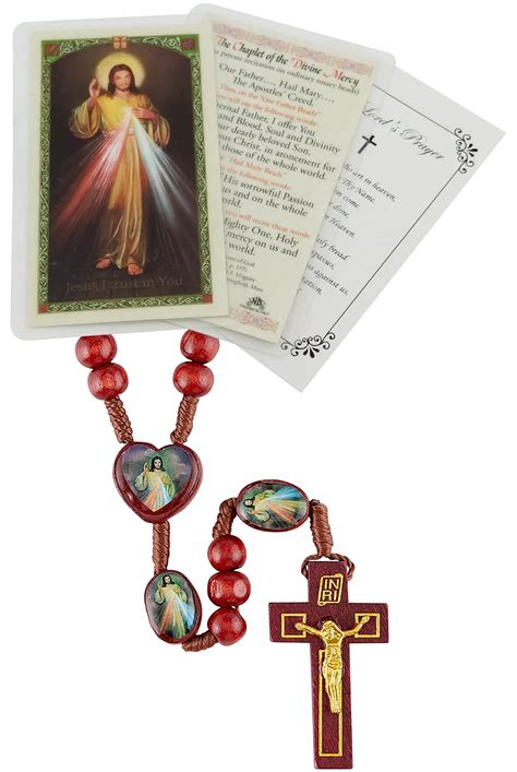 Buy Divine Mercy Chet - Prayer Card, Divine Mercy Rosary with Red Wooden Beads, Jesus Christ ...