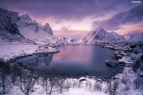 Reine Village, Norwegian Sea, clouds, winter, Mountains, Lofoten, Norway, Houses - For desktop ...