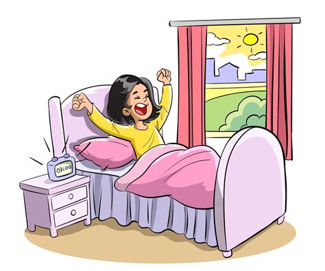 The cute girl wakes up. Vector cartoon illustration. Isolated on white ...