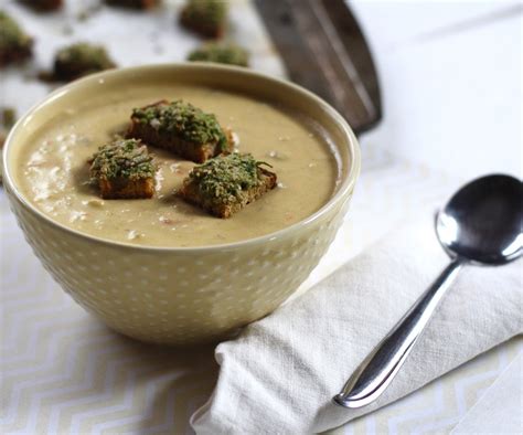 Creamy Potato Spring Vegetable Soup with Sunflower Seed Pesto Croutons – Diary of a Mad Hausfrau