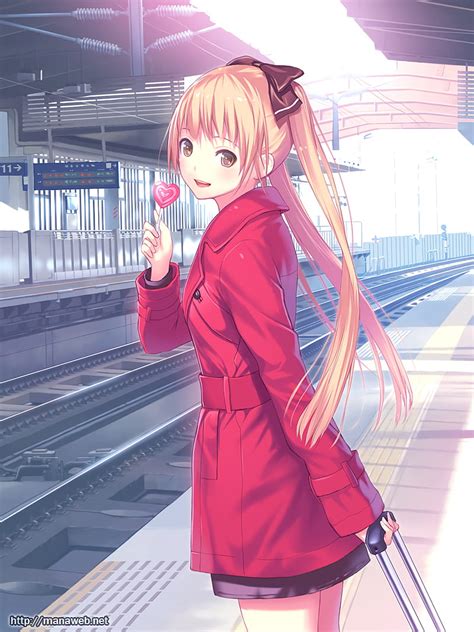 Anime, anime girls, train station, long hair, blonde, brown eyes, Mana Wara, HD phone wallpaper ...
