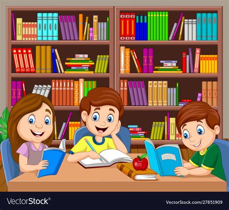 Cartoon kids studying in library Royalty Free Vector Image