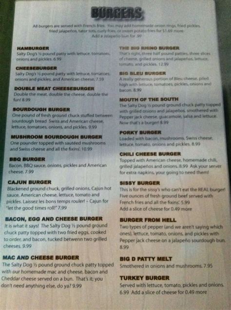 Menu at Salty Dog Sports Bar And Grill, Waco