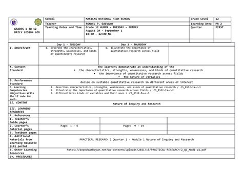 Week 1 PR 2 - Daily Lesson Log - GRADES 1 TO 12 DAILY LESSON LOG School MAKILAS NATIONAL HIGH ...