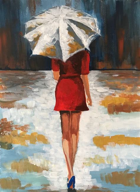 Lady in red under the Rain Painting by Evgenia TS | Saatchi Art