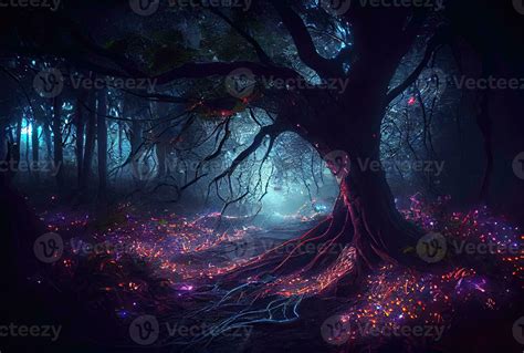 Dark spooky enchanted forest with glowing fairy light and fireflies ...