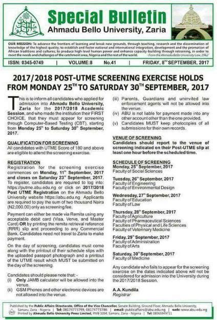 ABU Zaria Post-UTME Form 2019/20: Cut off Mark & Admission Screening ...