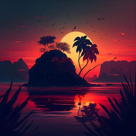 Premium AI Image | Silhouette of a tropical island at sunset illustration