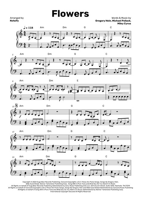 Flowers (arr. Noteify) by Miley Cyrus Sheet Music for Piano Solo at ...