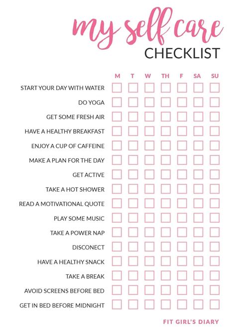 Self Care Checklist Printable - Printable Word Searches