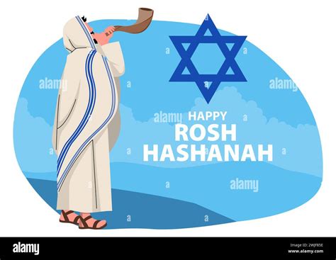 Clip art of Jewish man blowing the Shofar ram’s horn on Rosh Hashanah, vector illustration Stock ...