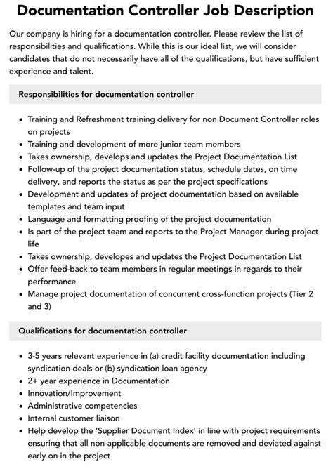 Documentation Controller Job Description | Velvet Jobs