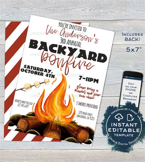 Bonfire Invitation, Editable Bonfire Party Invitation, Backyard Bonfir