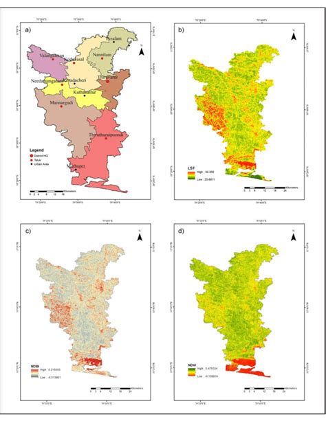 a) Administrative Map of Thiruvarur District, b) Land Surface... | Download Scientific Diagram