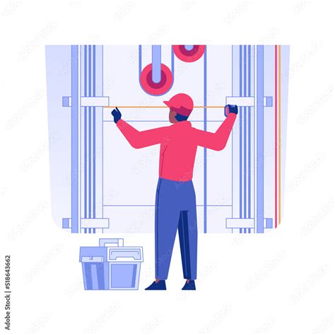 Elevator installation isolated concept vector illustration. Worker with measuring tape, elevator ...