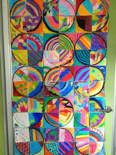 Circle square art makes a great patchwork door work. Done in oil pastels | Collaborative art ...