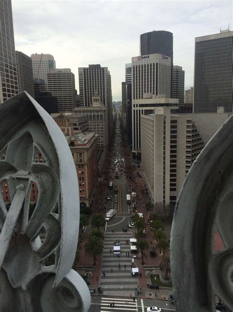 Atop the Ferry Building, looking down on S.F.