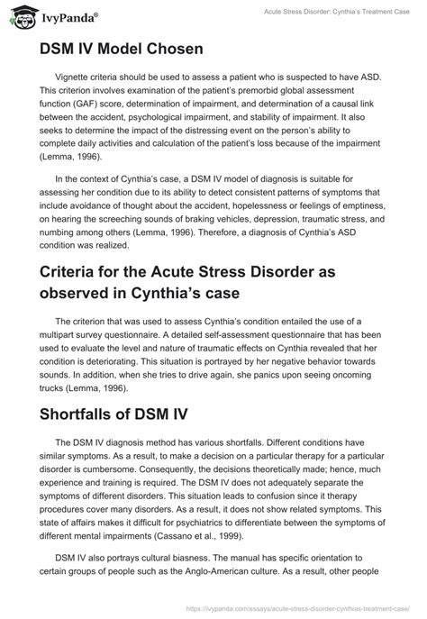 Acute Stress Disorder: Cynthia's Treatment Case - 1149 Words | Essay ...