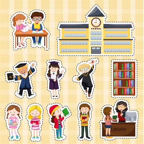 Sticker design with students and school building | Sticker design, Education logo design, Hand ...