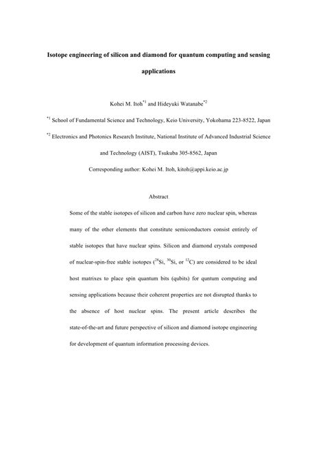 (PDF) Isotope engineering of silicon and diamond for quantum computing and sensing applications