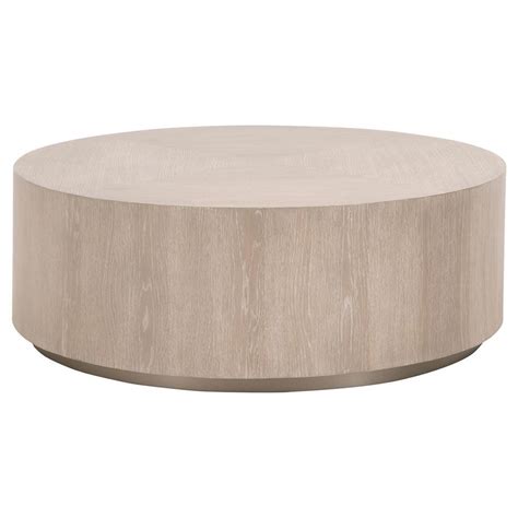 Lionel Coastal Beach Natural Grey Oak Wood Large Round Drum Coffee Table